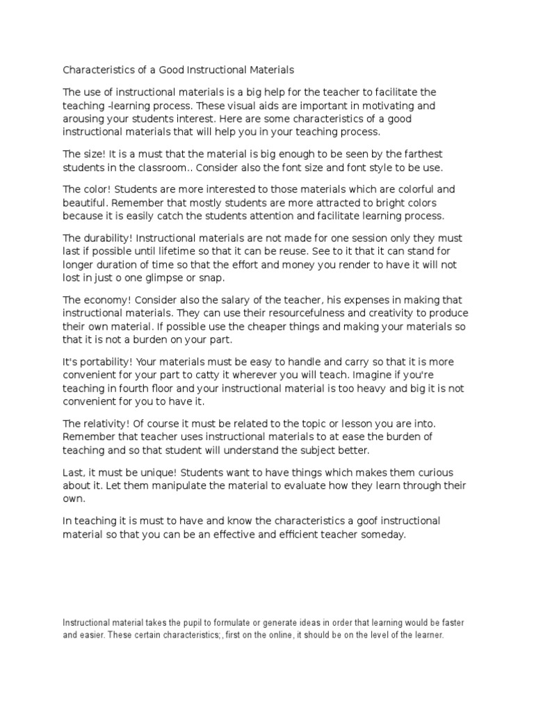 Characteristics of A Good Instructional Materials PDF Teachers