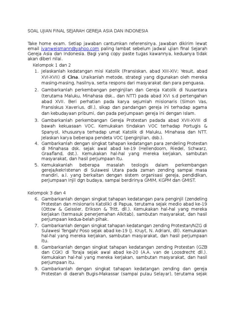 Soal Ujian Final Sejarah Gereja Asia Dan Indonesia