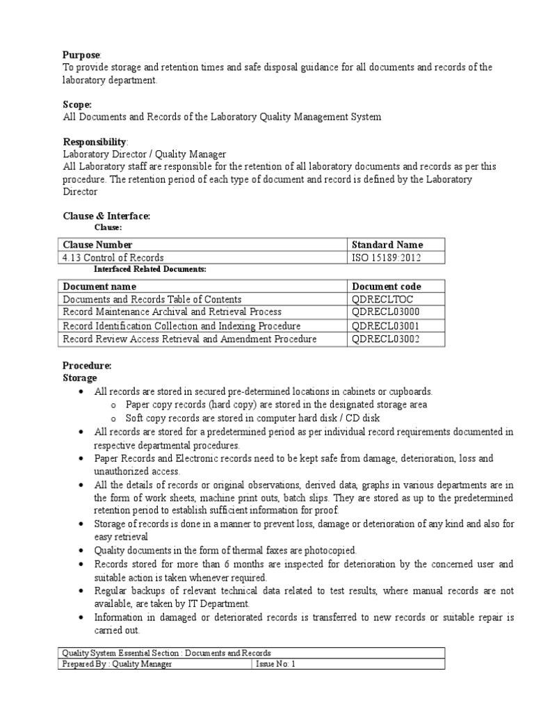 QDRECL03003 Document and Record Storage Retention and Disposal Procedure PDF Records