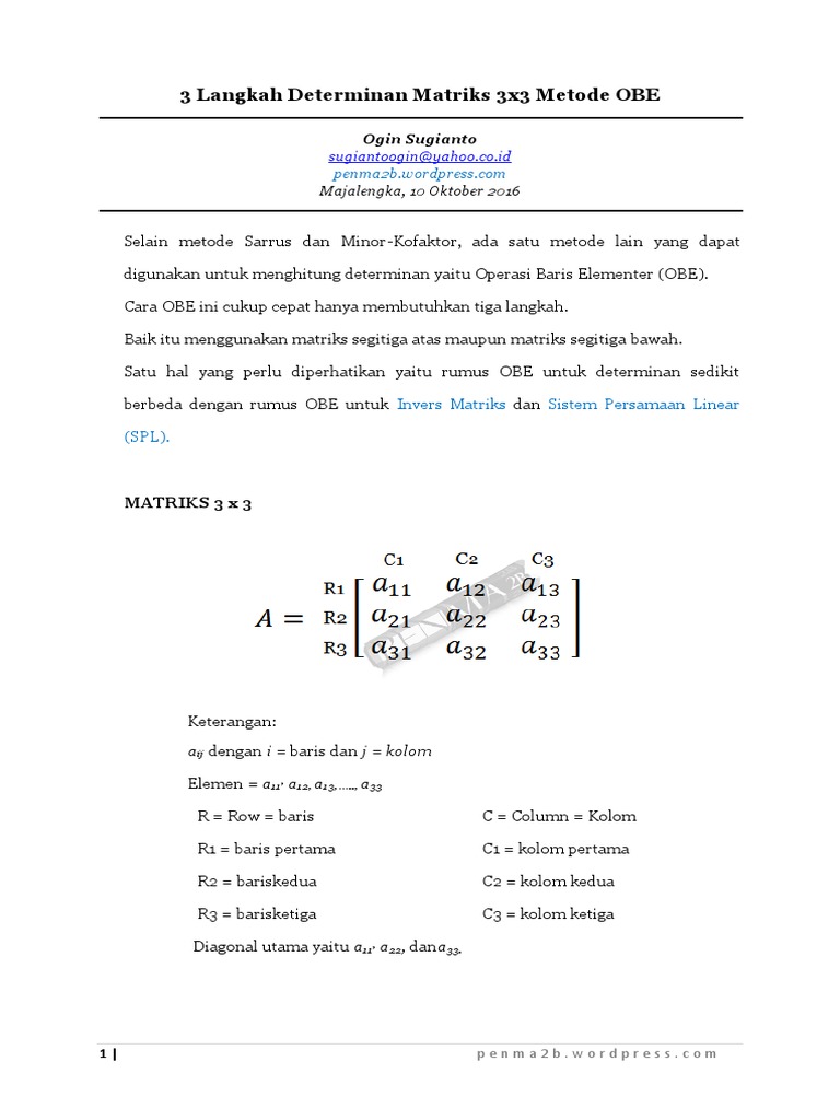 3 Langkah Determinan Matriks 3x3 Metode Obe