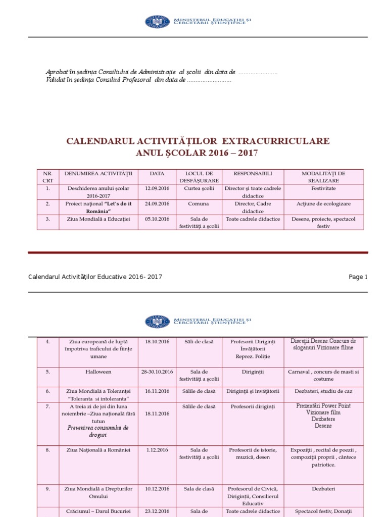 Calendarul Activitatilor Extracurriculare PDF