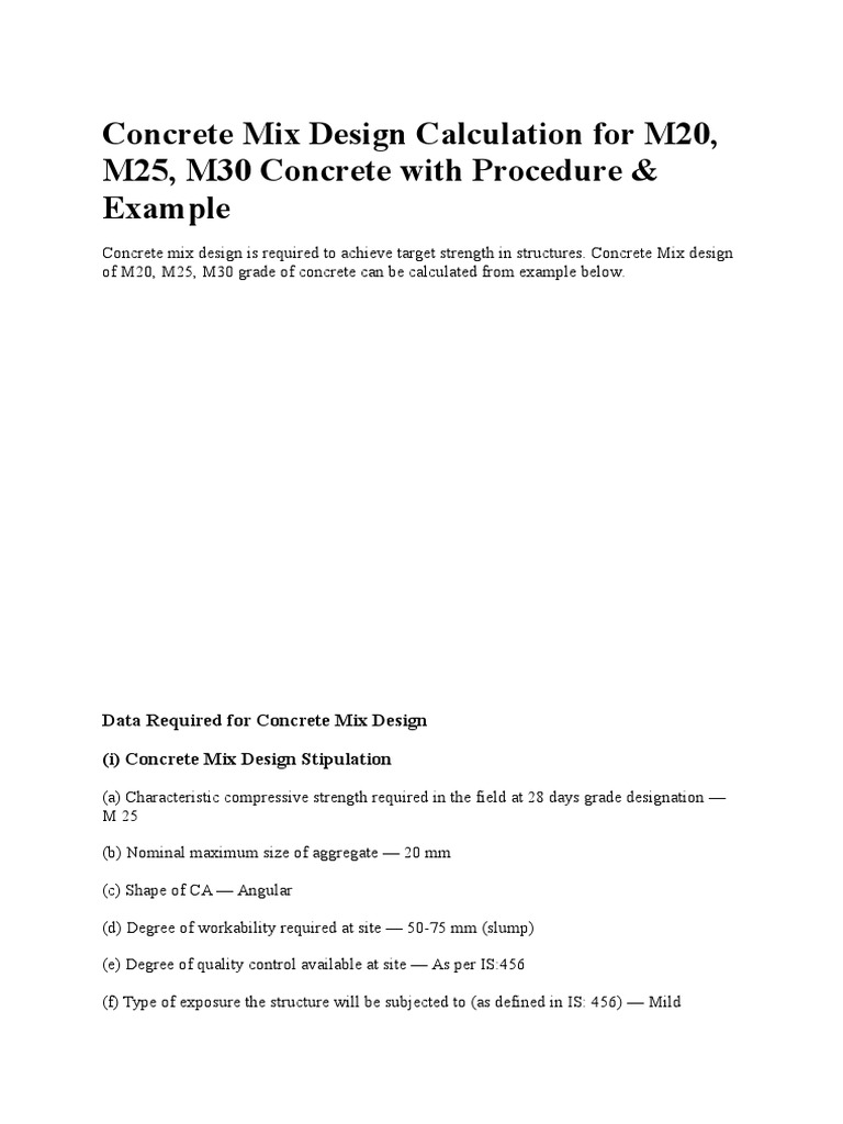 Concrete Mix Design Calculation PDF Kilogram Concrete