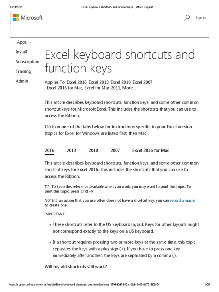 Excel Keyboard Shortcuts and Function Keys Office Support PDF