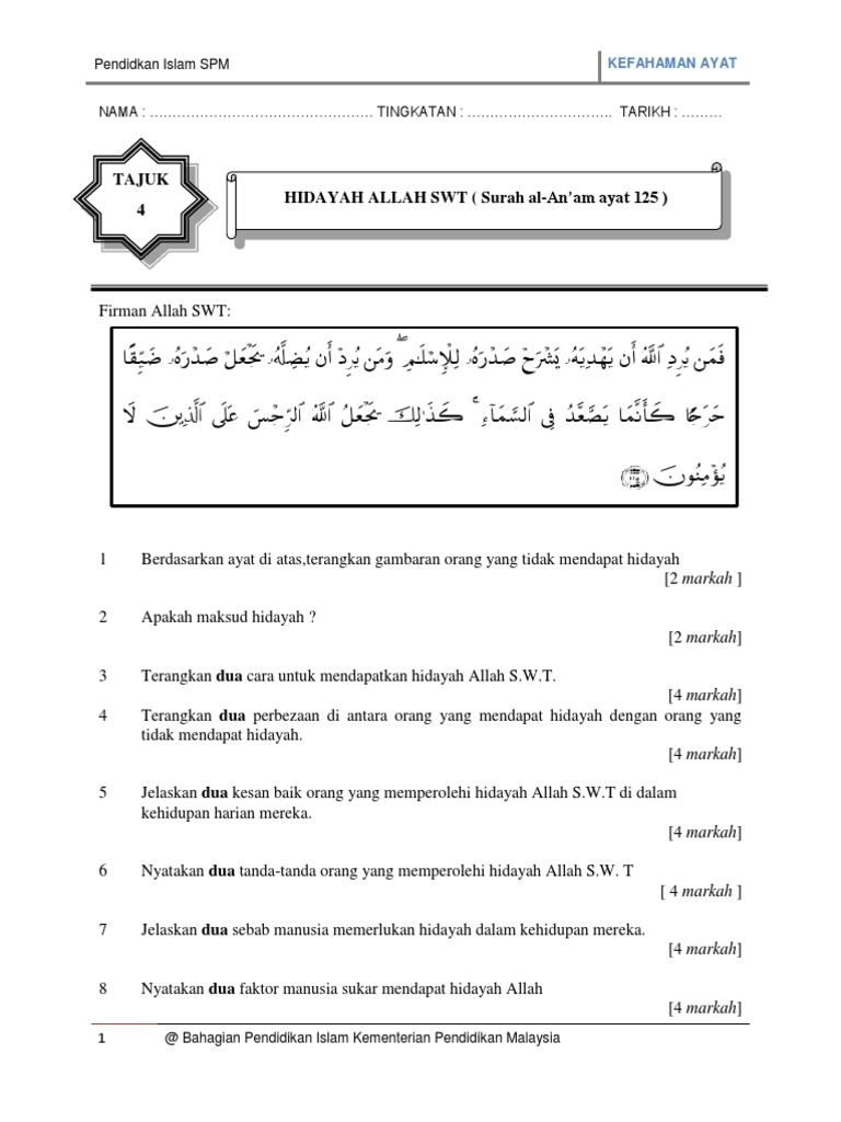 Soalan Ayat T4 - 4. Hidayah Allah