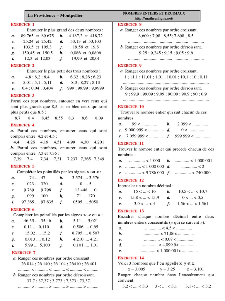 Exercice De Conversion 6ème à Imprimer Avec Correction Chap 1 - Exercices 05 - Ordre Et Comparaison - CORRIGE | PDF | Nombre |  Mathématiques élémentaires