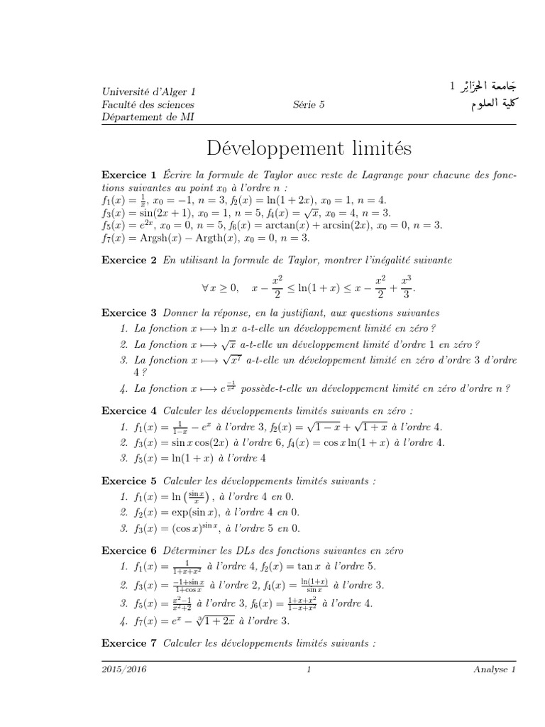 Exercices sur le développement limité PDF Asymptote Tangente — free download