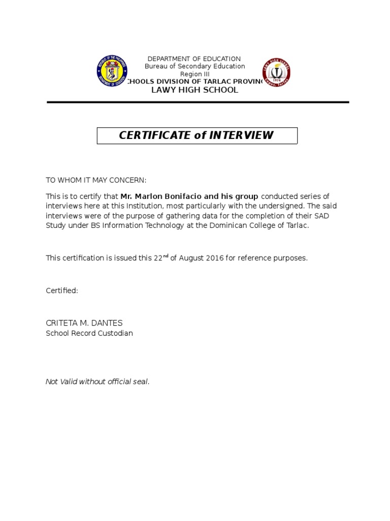 Certificate of Interview | PDF