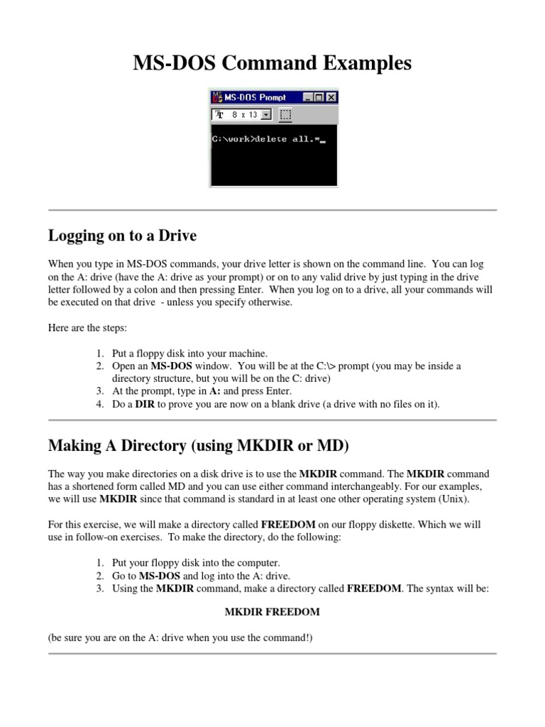MS-DOS Command Examples: Logging On To A Drive | PDF