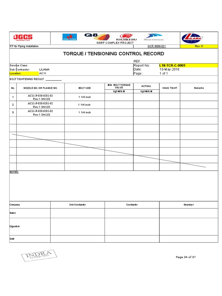 Torque / Tensioning Control Record: Service Class: Sub Contractor ...