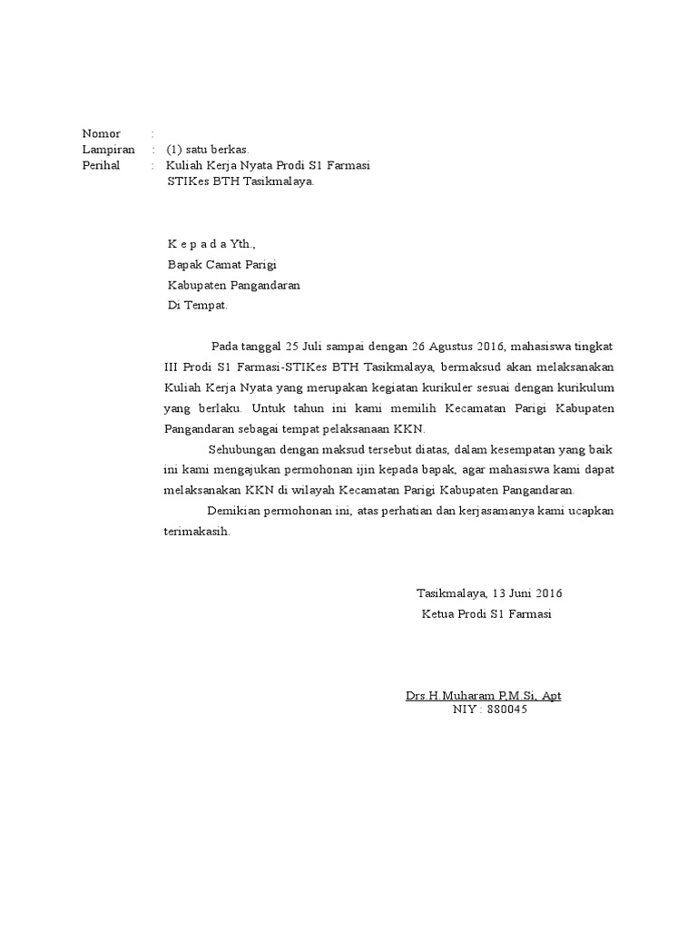 Surat Pengantar Kuliah Kerja Nyata Surat Pengantar Kuliah Kerja Nyata