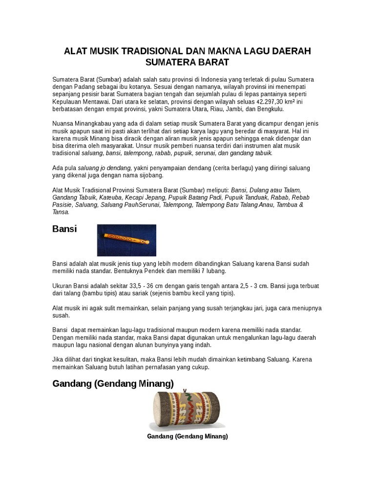 Alat Musik Dan Makna Lagu Daerah Sumatera Barat