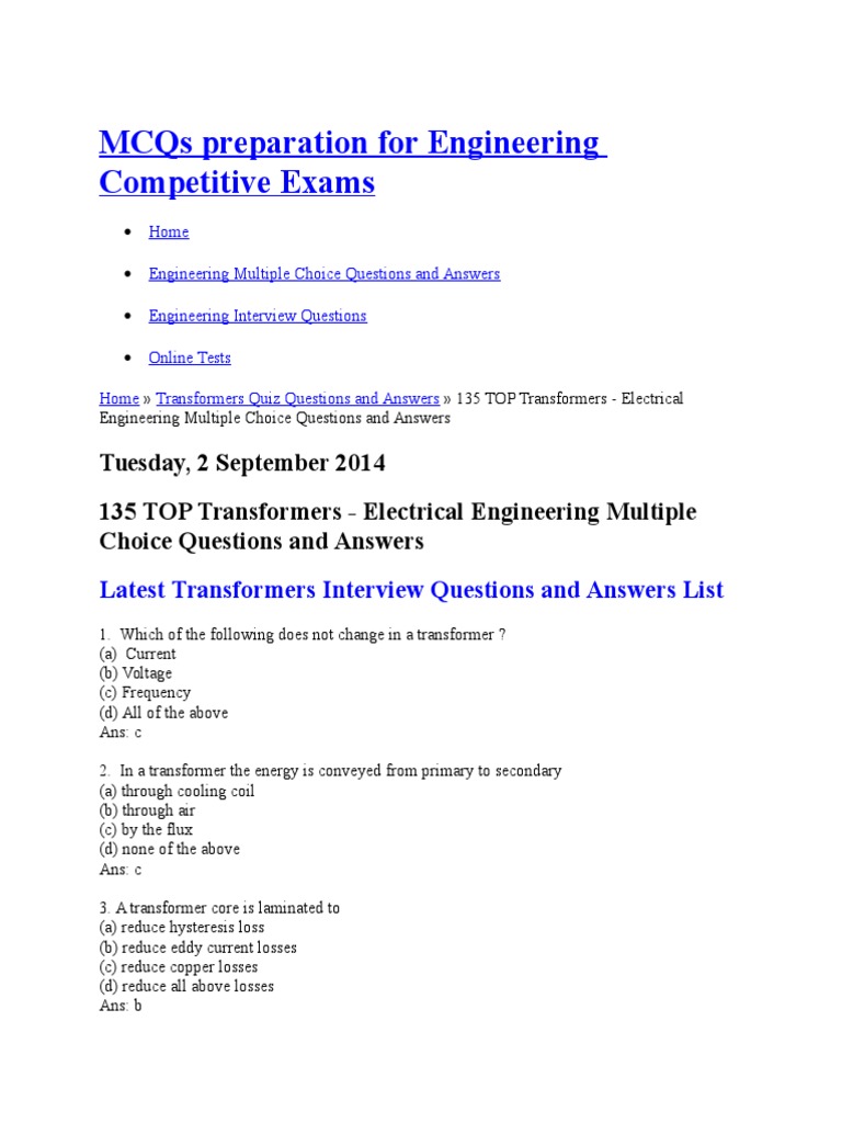 Mcqs Preparation For Engineering Competitive Exams Pdf Transformer