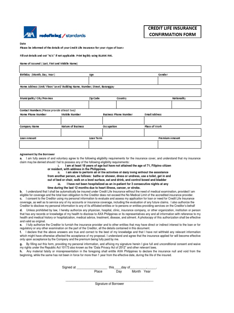 Axa Credit Life Insurance Confirmation Form PDF Personally