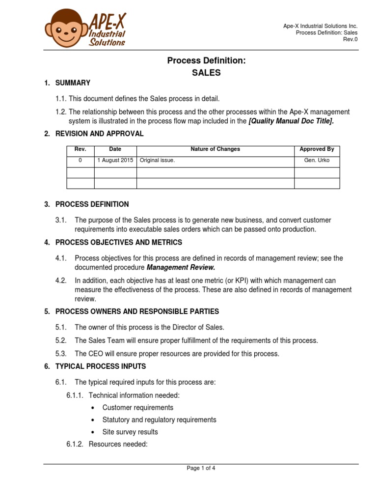 Sample process definition sales iso 9000