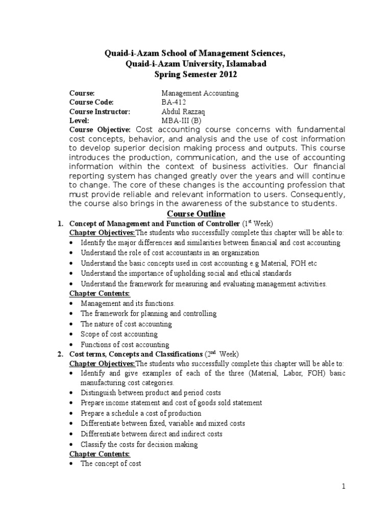 Cost Accounting Course Outline | PDF | Management Accounting | Accounting