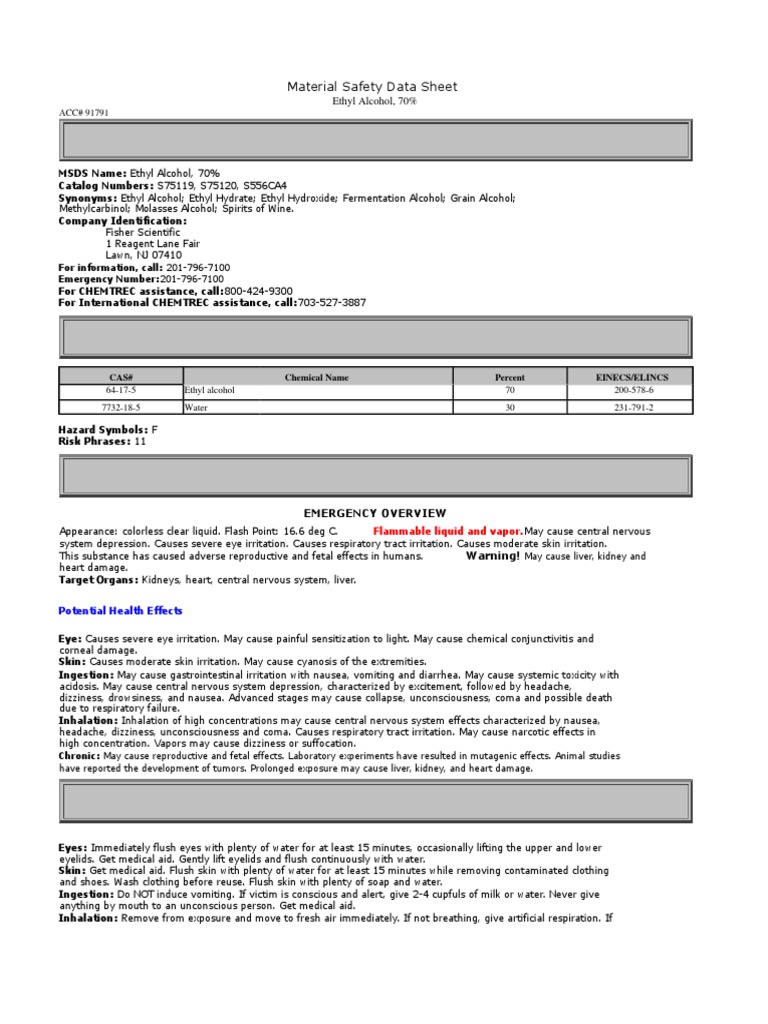 Material Safety Data Sheet Ethyl Alcohol, 70 Download Free PDF Ethanol Dangerous Goods