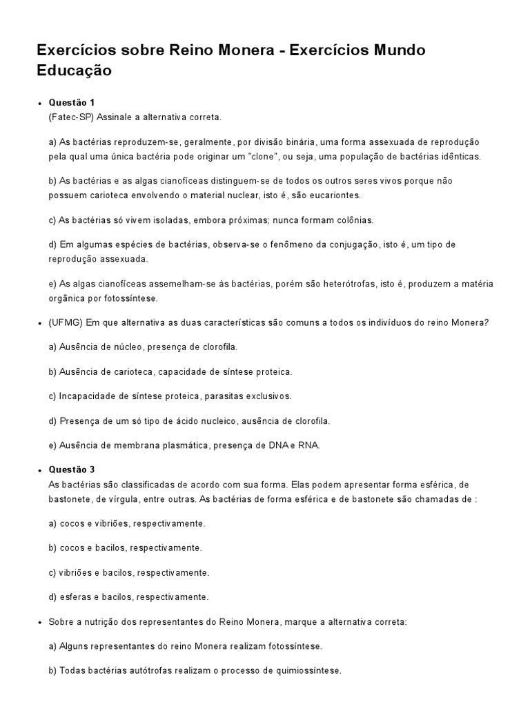 Exercícios sobre Reino Monera | PDF | Cianobactéria | Bactérias