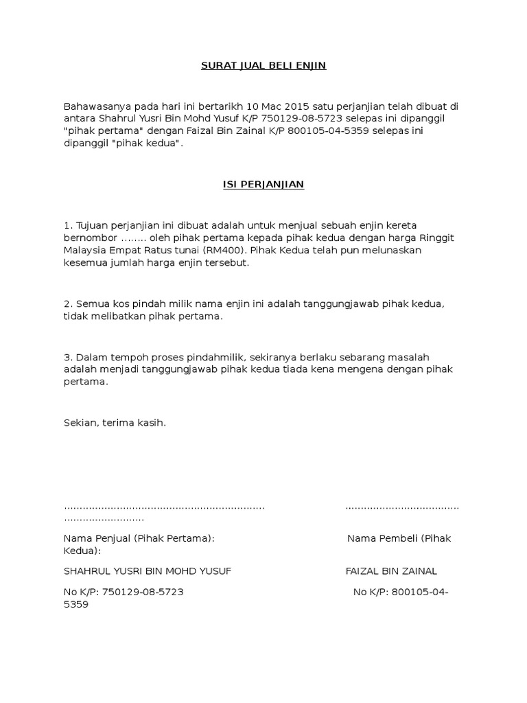 Surat Jual Beli Enjin Surat Jual Beli Enjin