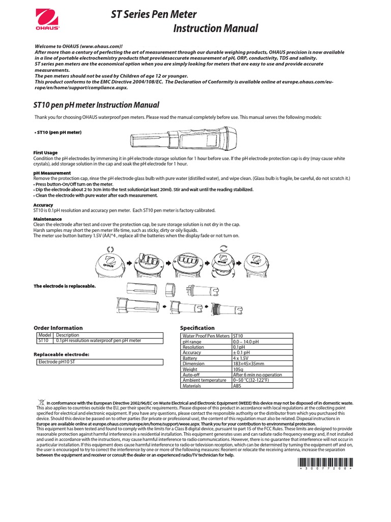 ST10 Pen PH Meter Instruction Manual PDF Ph Waste