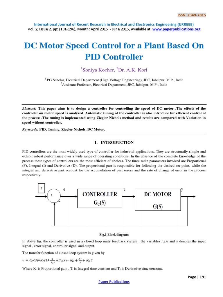 DC Motor Speed Control For A Plant Based On PID Controller-354 PDF ...