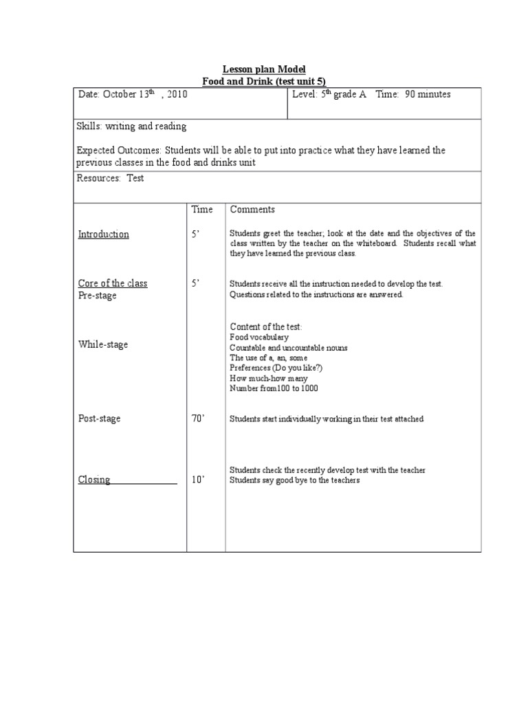 Lesson Plans Unit 5 Food and Drinks | PDF | Lesson Plan | Teachers