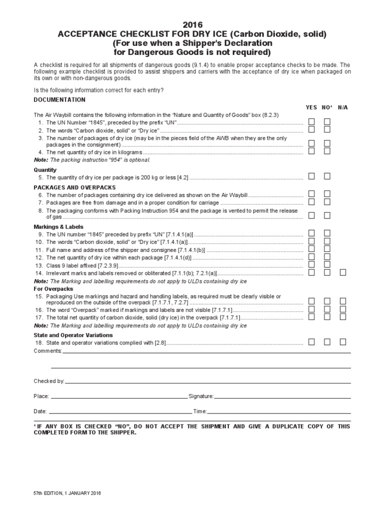 Acceptance Checklist Dry Ice En