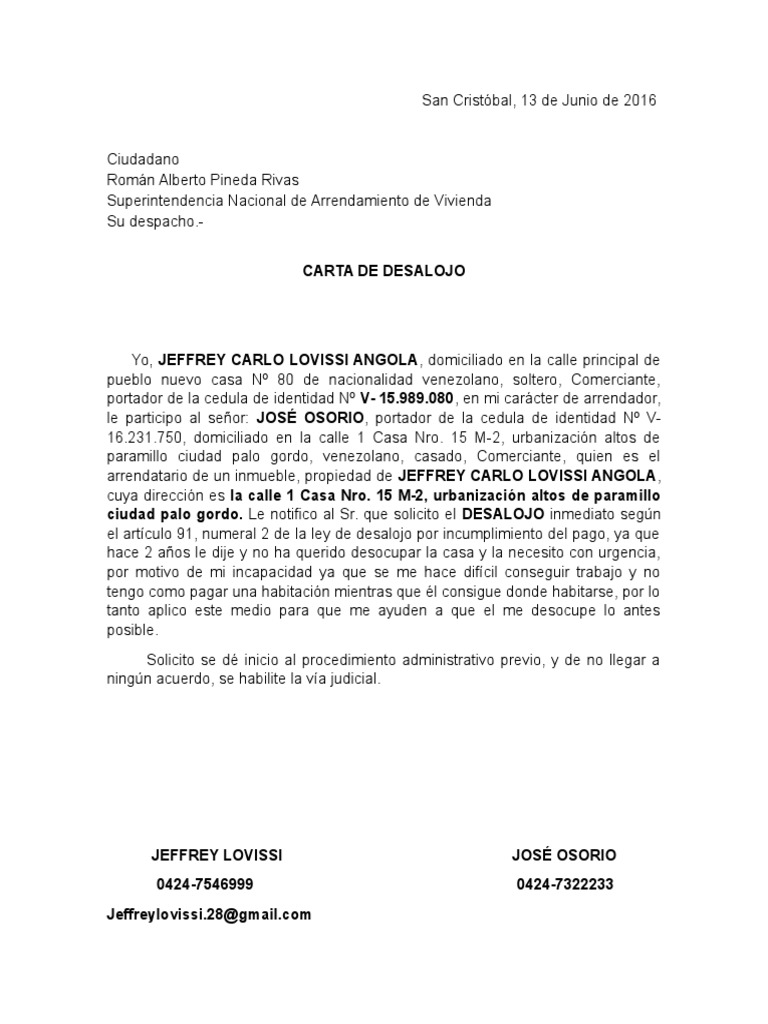 Carta Desalojo