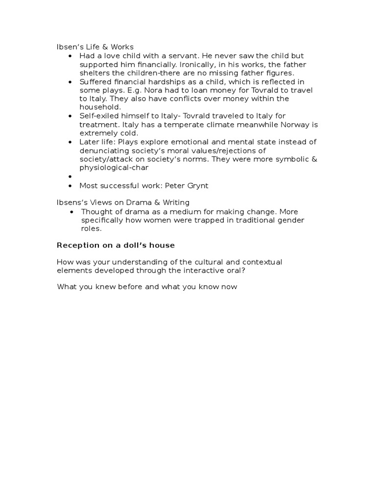 A Doll's House (Ibsen) Background PDF A Doll's House Henrik Ibsen