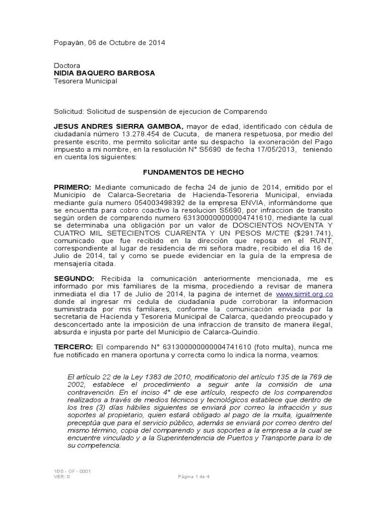 Solicitud Exoneracion de Pago Comparendo PDF Policía Pena capital