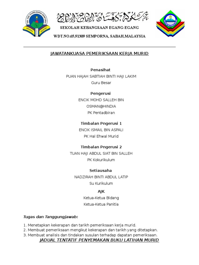 Jadual Semakan Buku Latihan Murid