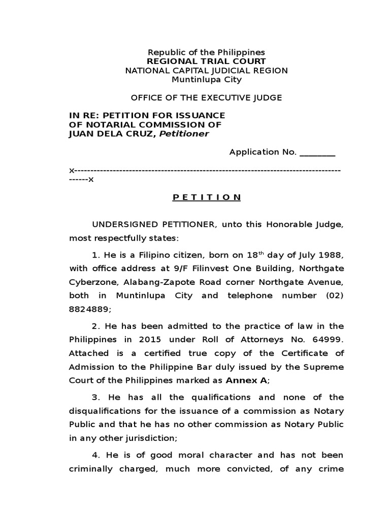 Petition For Notarial Comission With Verification | Notary Public | Lawyer