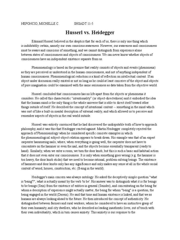 Husserl Vs Heidegger | PDF | Phenomenology (Philosophy) | Edmund Husserl