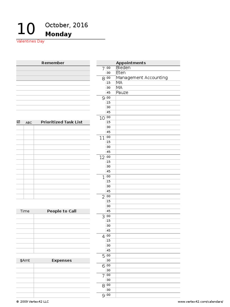 Copy Of Printable Daily Planner Calendar Workweek And Weekend
