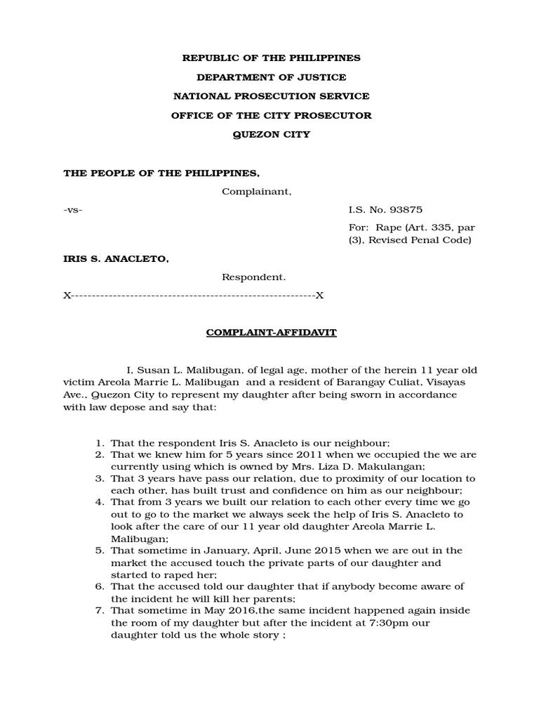 Statutory Rape Complaint 1 Affidavit Prosecutor Free 30day Trial