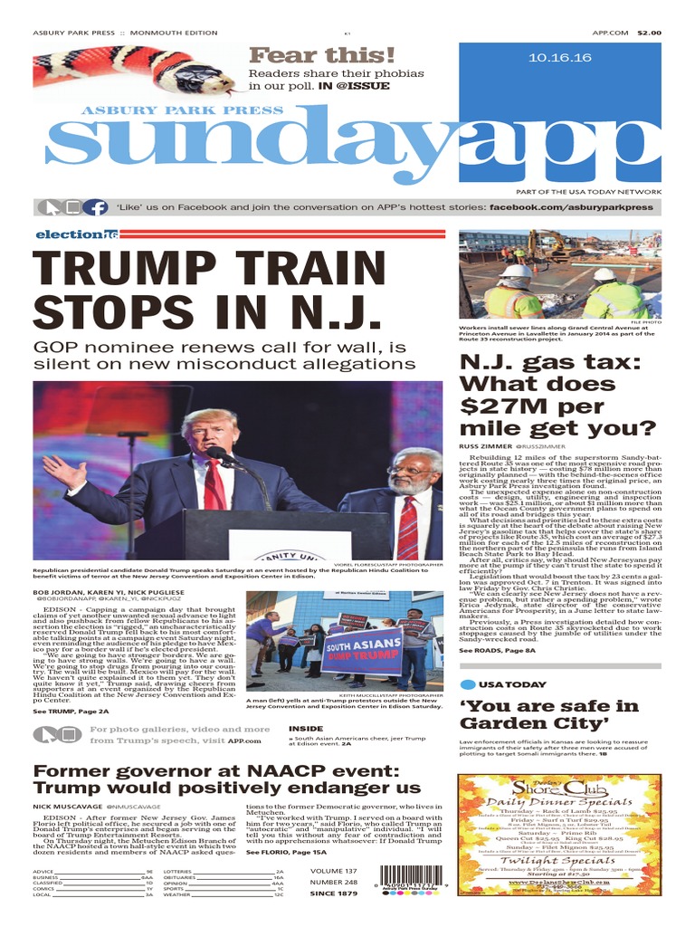 Asbury Park Press Front Page, Oct. 16, 2016 Donald Trump United