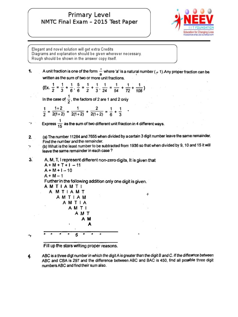 Primary - Year 2015 Final Test Paper