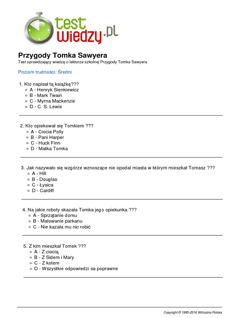 Przygody Tomka Sawyera Test Z Odpowiedziami Pdf