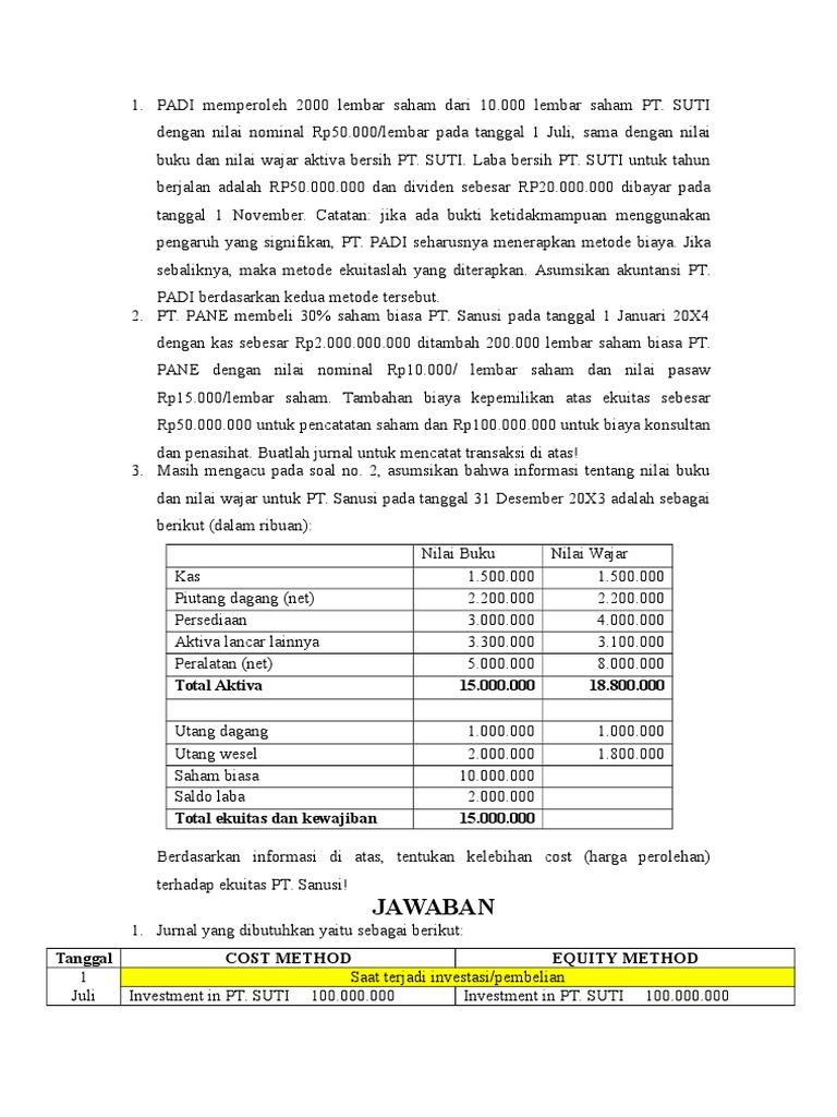 Contoh Soal Cost Method Dan Equity Method Soal Dan Jawaban Pdf