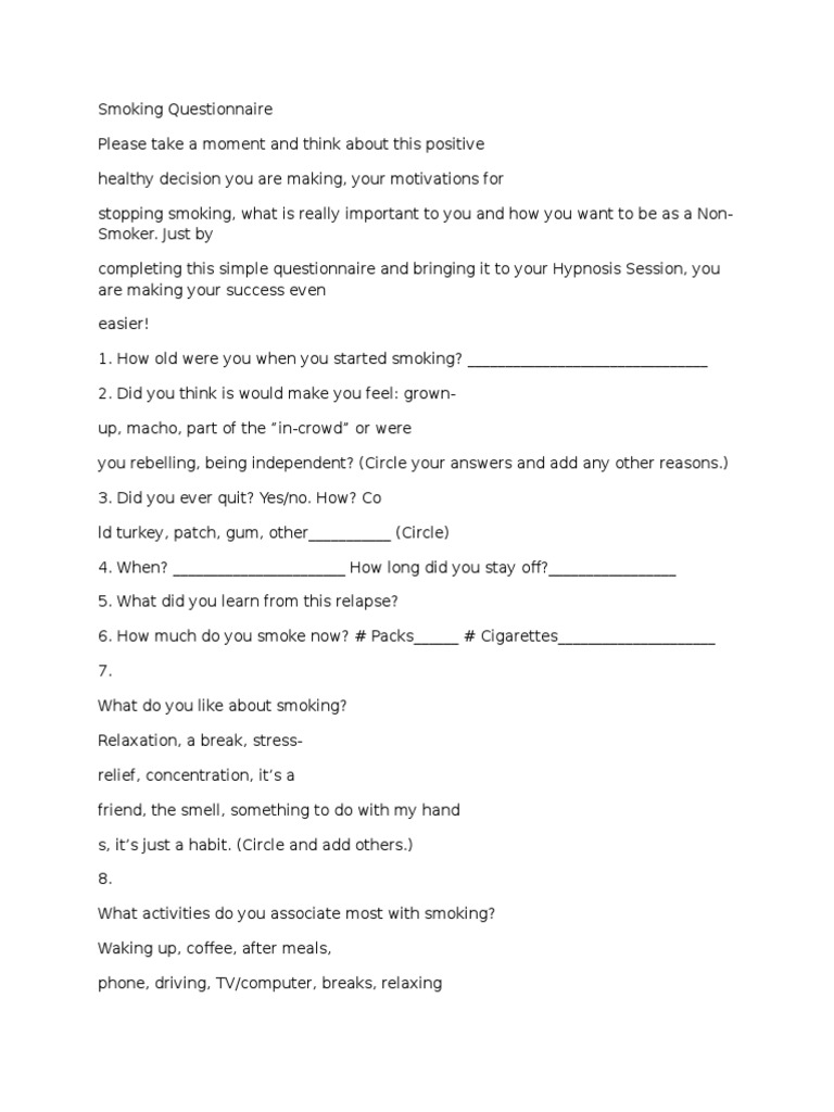 cigarette smoking survey questions Tobacco Assessment Questionnaire Smoking cessation survey questions and