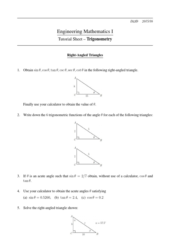 Trigonometry Tutorial Sheet Trigonometric Functions Sine
