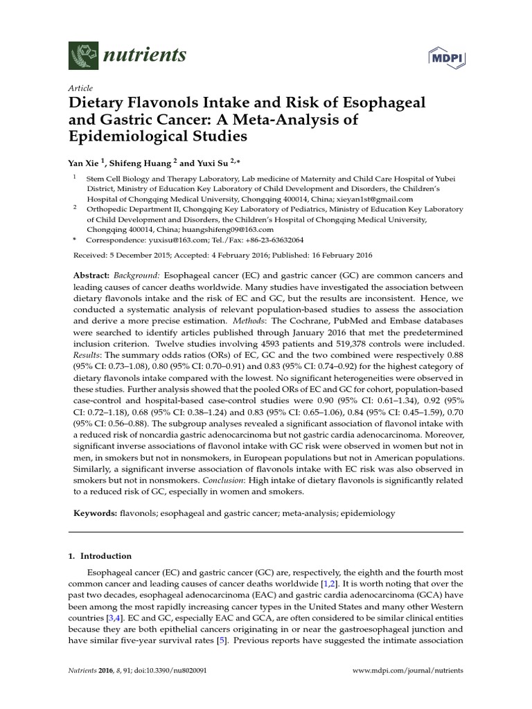 Dietary Flavonols Intake and Risk of Esophageal and Gastric Cancer: A ...