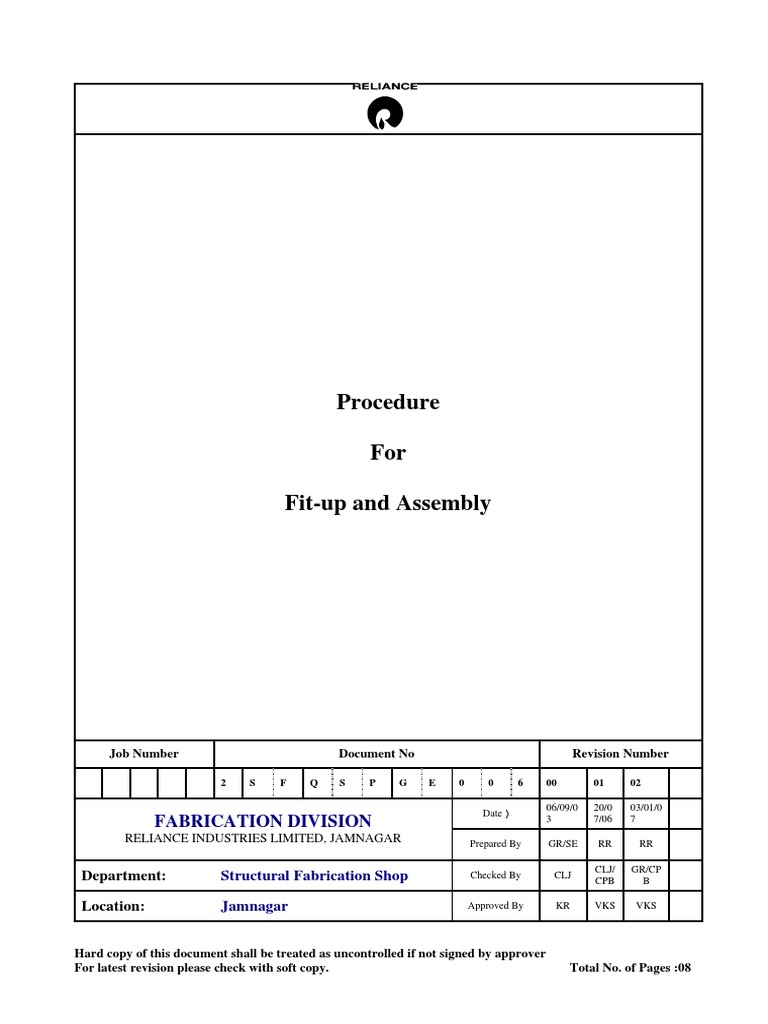 Procedure - Fit-Up & Assembly | PDF | Metal Fabrication ...
