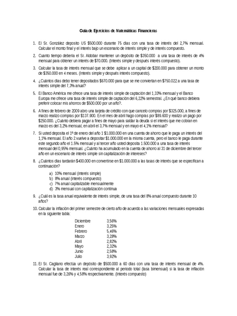 Ejercicios Prácticos de Matemáticas Financieras | PDF | Tasas de ...