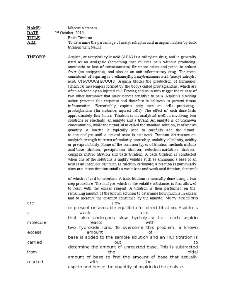 Back Titration Lab PDF Titration Chemistry