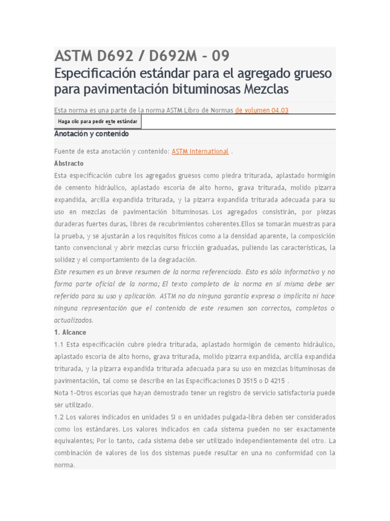 Especificación ASTM D692 para Agregados Gruesos | PDF