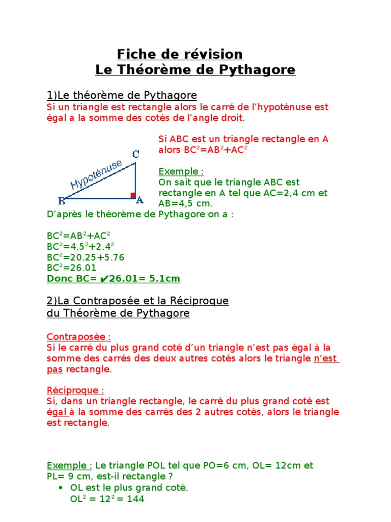 Fiche De Revision Brevet Maths Pdf 2022 Fiche de Révision Le Théoreme de Pythagore | PDF