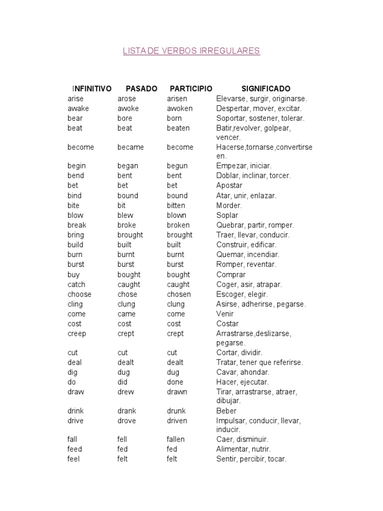 Lista de Verbos Irregulares | PDF