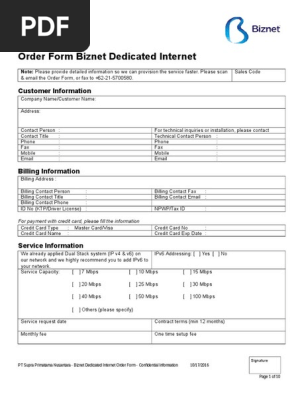 Order Form Biznet Dedicated Internet Arbitration Business