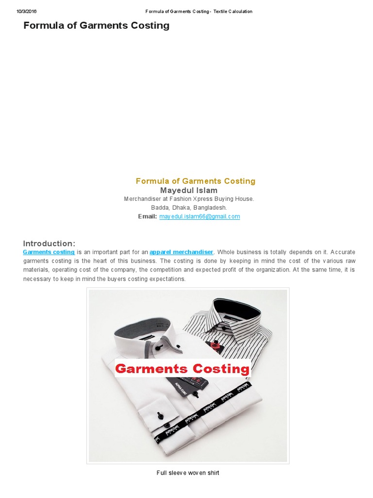 Formula of Garments Costing PDF