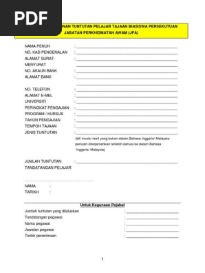 Borang Permohonan Tuntutan Pelajar Tajaan Biasiswa Persekutuan Jabatan P Pdf